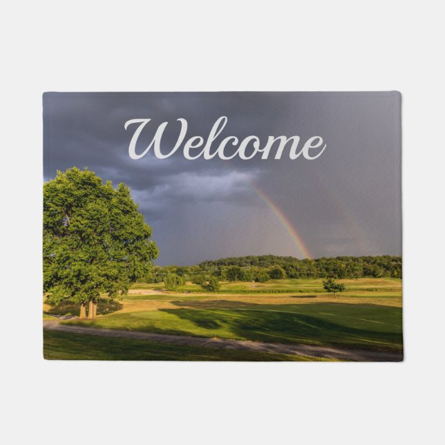 Double Rainbow Through Rain Welcome Doormat (Front)