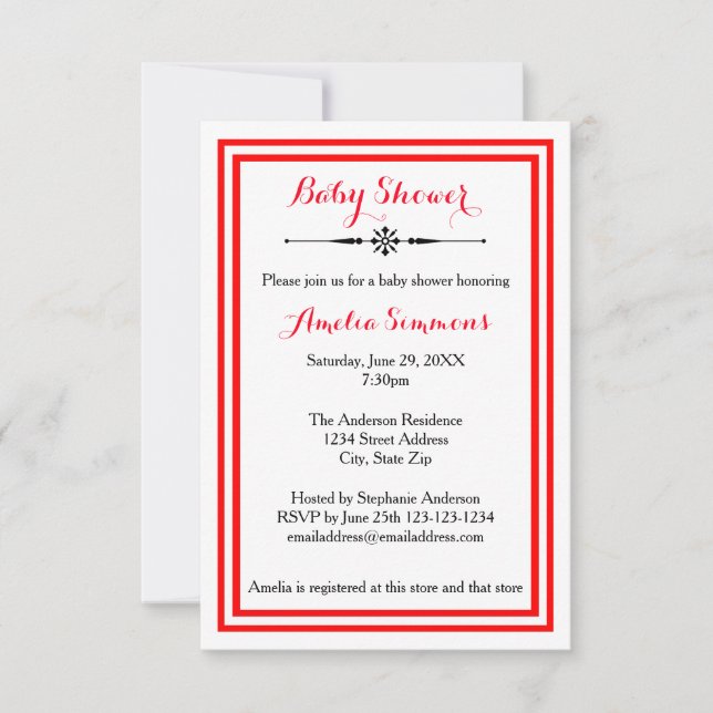 Double Red Trim  - 3x5 Baby Shower Invitation (Front)