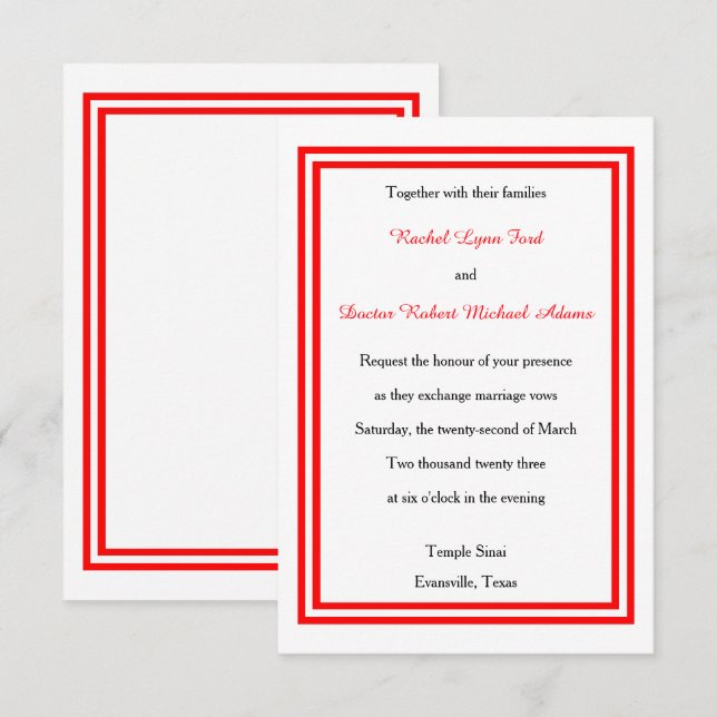 Double Red Trim - 3x5 Wedding Invitation (Front/Back)
