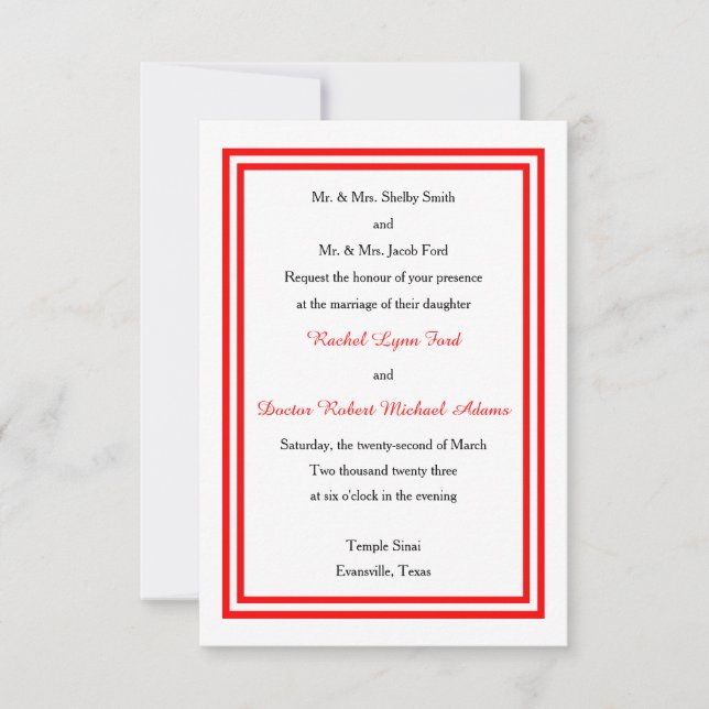 Double Red Trim -3x5 Wedding Invitation (Front)