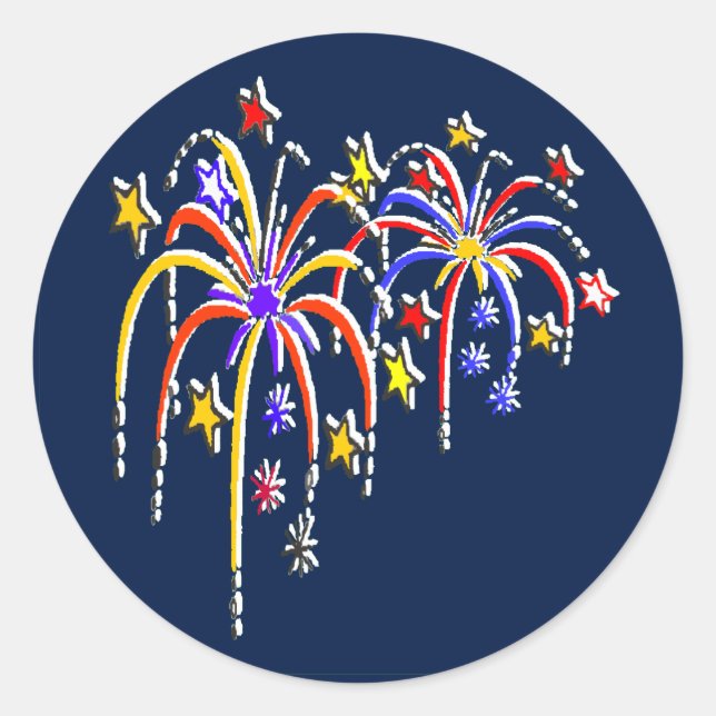 Double Red White and Blue Fireworks on Dark Blue Classic Round Sticker (Front)