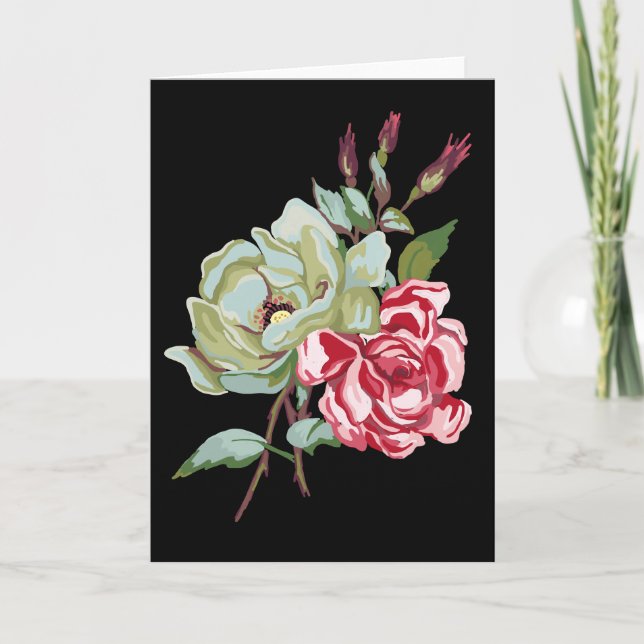Double Rose on Black Greeting Card - blank inside (Front)