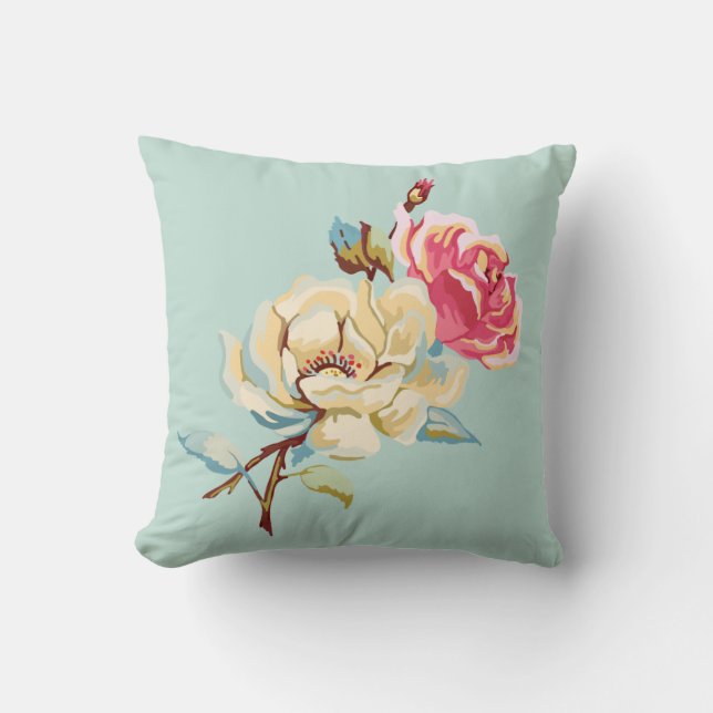 Double Rose Robin's Egg Blue Throw Pillow (Front)