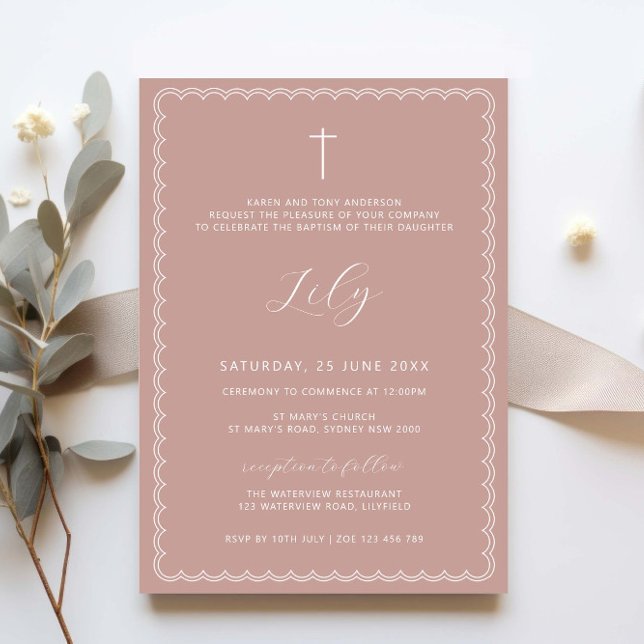 Double scalloped pink christening baptism invitation (Creator Uploaded)