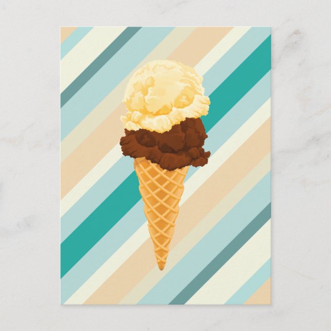 Double Scoop Ice Cream Cone Teal Stripes Postcard (Front)