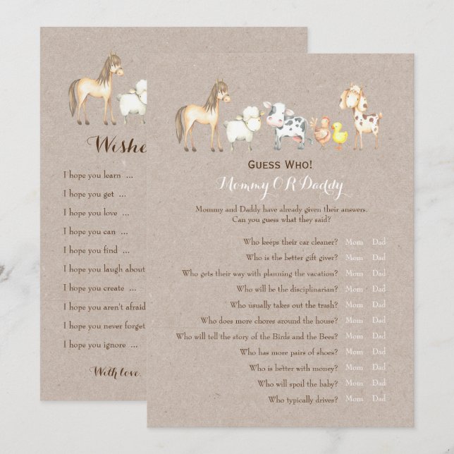 Double Side - Baby Shower Games Wishes | Guess Who Invitation (Front/Back)