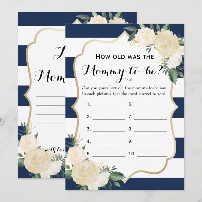 Double Side Floral Navy Baby Shower Games Invitation (Front/Back)