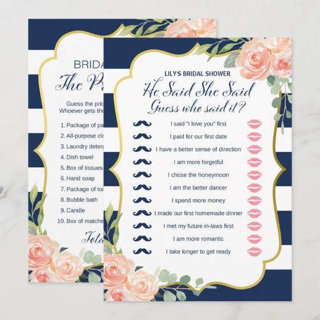 Double Side Navy Gold Bridal Shower Games Size Invitation (Front/Back)