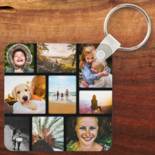 Double Sided 18 Photo Collage Black Metal Keychain