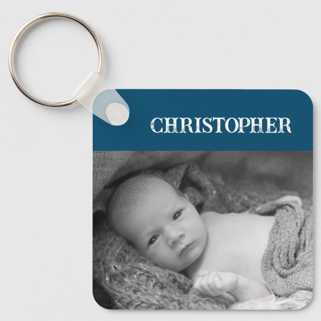 Double sided 2 photos add names ocean blue key ring (Front)