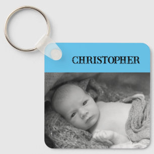 Double sided 2 photos add names sky blue key ring