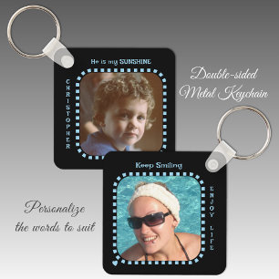 Double sided 2 photos name black blue key ring