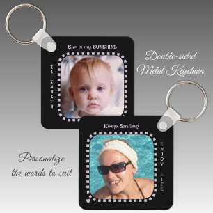 Double sided 2 photos name black purple key ring