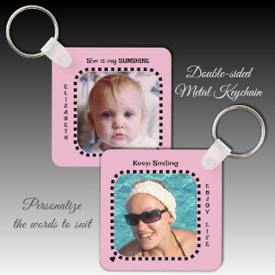 Double sided 2 photos name sunshine pink key ring