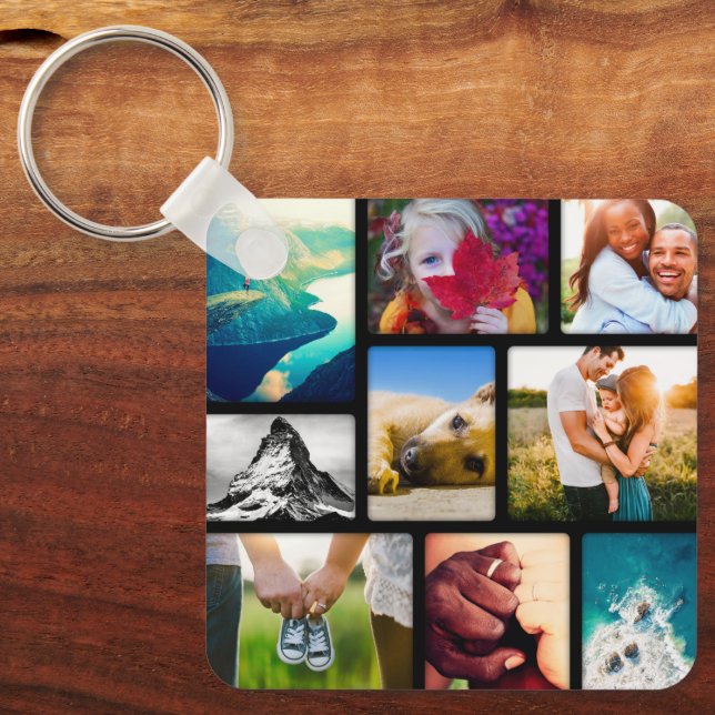 Double Sided 9 Photo Collage Black Metal Keychain (Front)