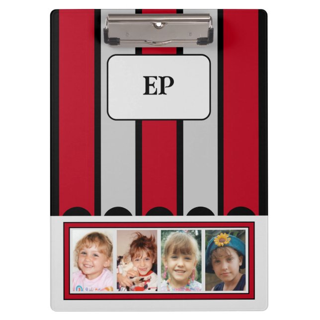 Double sided add initials 8 photos red grey clipboard (Front)