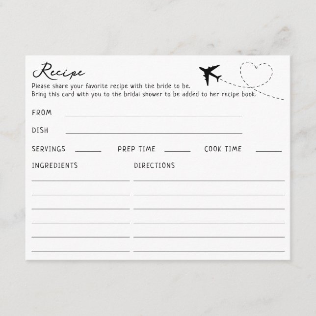Double Sided Aeroplane Travel Themed Recipe Card (Front)