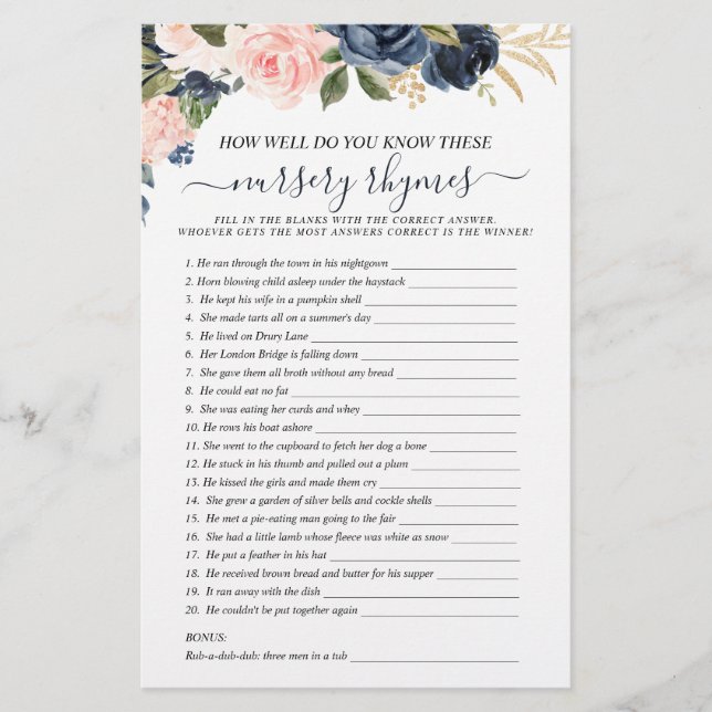 Double Sided Baby Pink Navy Floral Cascading Games (Front)