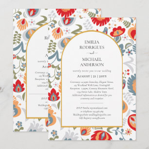 Double Sided BILINGUAL Wedding Folk Art Flowers In Invitation