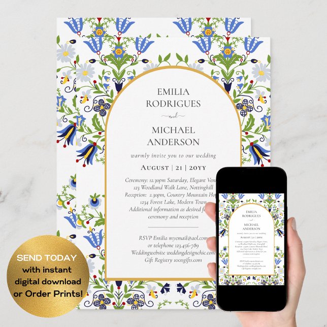 Double Sided BILINGUAL Wedding Folk Art Flowers Invitation (Creator Uploaded)