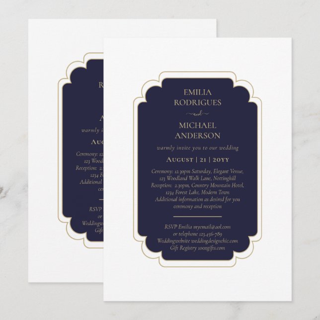 Double Sided BILINGUAL Wedding Navy Blue Invitation (Front/Back)