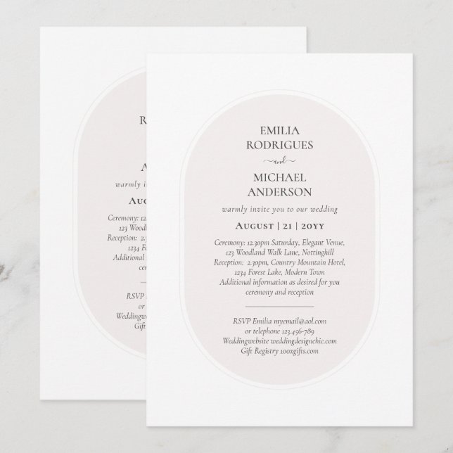Double Sided BILINGUAL Wedding White Beige Invitation (Front/Back)