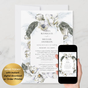 Double Sided BILINGUAL Wedding White Blue Floral Invitation