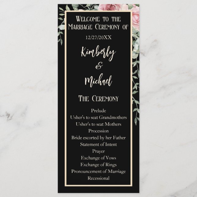 Double Sided Black Pink Boho Wedding Program Programme (Front)