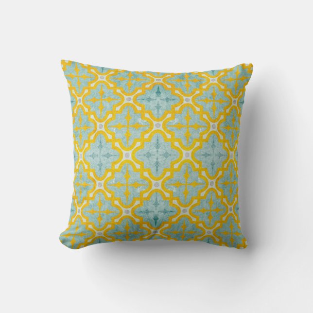 Double-sided blue and yellow batik style custom  cushion (Front)