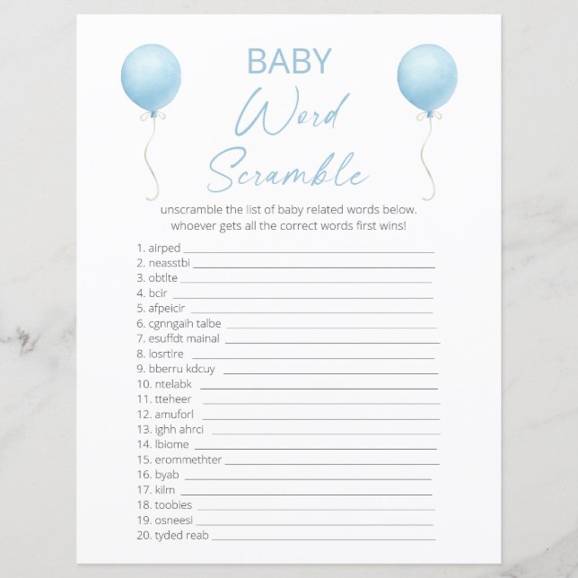 Double Sided Blue Balloon Baby Shower Game Card (Front)