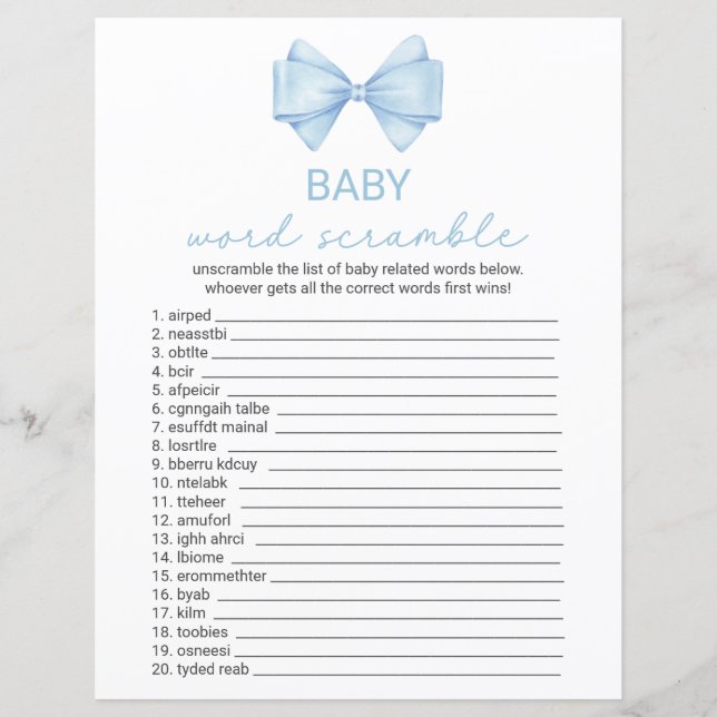 Double Sided Blue Bow Baby Shower Game Card (Front)