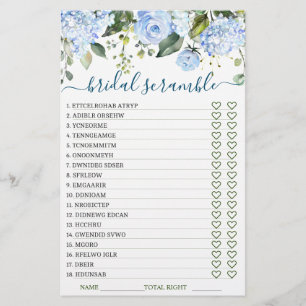 DOUBLE SIDED Blue Hydrangea Bridal Shower Game