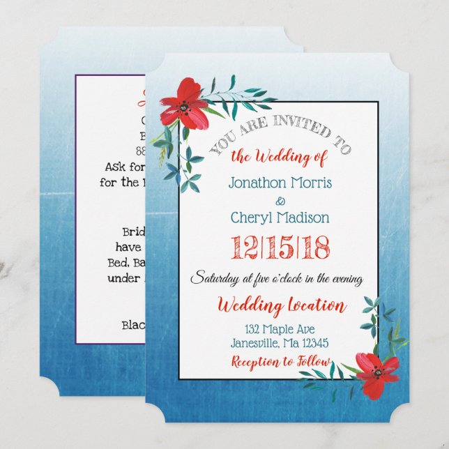 Double Sided Blue & Red Flower Wedding Invitation (Front/Back)