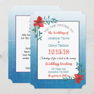 Double Sided Blue & Red Flower Wedding Invitation
