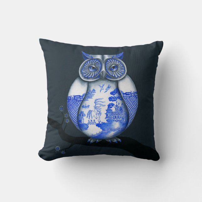 DOUBLE SIDED Blue Willow Siamese Cats AND Owl Cushion (Front)