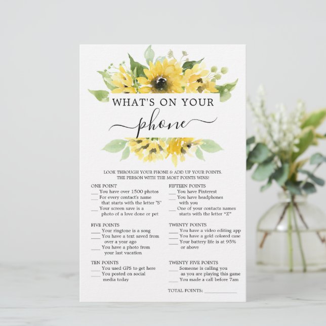 Double Sided Bridal Shower Games Sunflower (Standing Front)