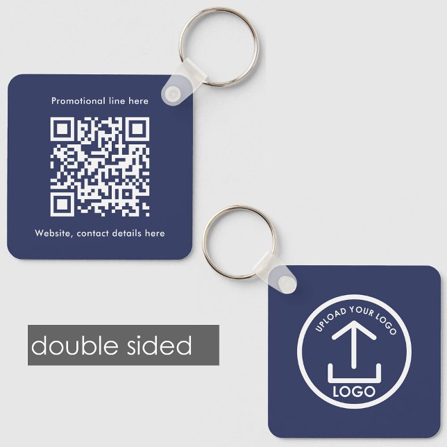 Double Sided Business Logo Text QR Code Blue Key Ring (Double Sided Business Logo Text QR Code Blue Keychain)