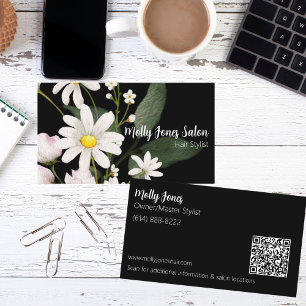 Double Sided Daisies on Black with QR Code Business Card
