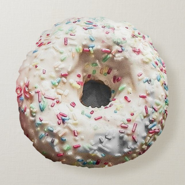 Double-Sided Doughnut: Rainbow Sprinkles & Pink Ic Round Cushion (Front)
