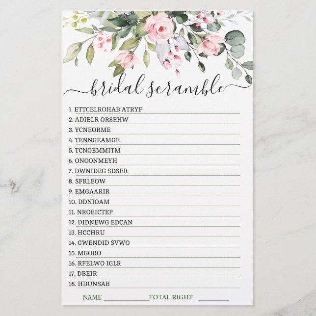DOUBLE SIDED Elegant Eucalyptus Bridal Shower Game (Front)