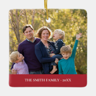 Double Sided Family Photo Serif Red Christmas Ceramic Ornament
