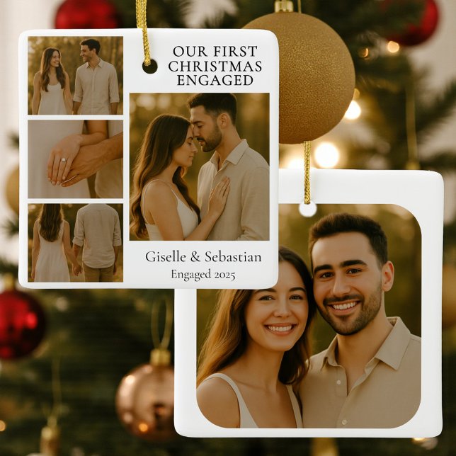 Double Sided First Christmas Engaged Photo Ceramic Ornament (Creator Uploaded)