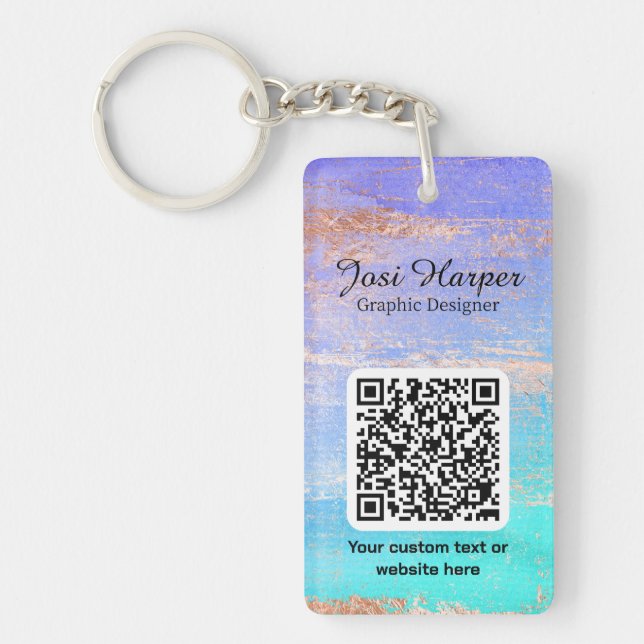 Double Sided Gold Teal Purple Acrylic QR Code Key Ring (Front)