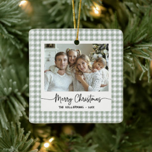 Double Sided Green Gingham Two Photo Ceramic Ornament