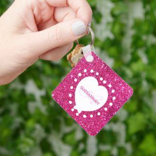 Double Sided Monogram Pink Glitter White Heart  Key Ring