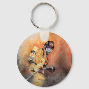 Double-sided Photo & Text  Firefighter Watercolor Key Ring