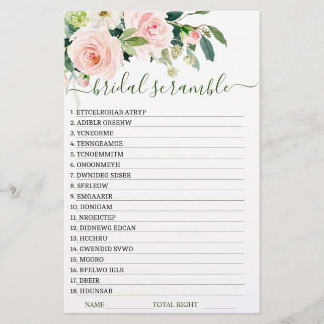 DOUBLE SIDED Pink Blush Flowers Bridal Shower Game (Front)