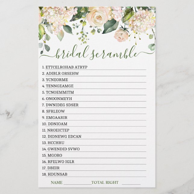 DOUBLE SIDED Pink Blush Flowers Bridal Shower Game (Front)