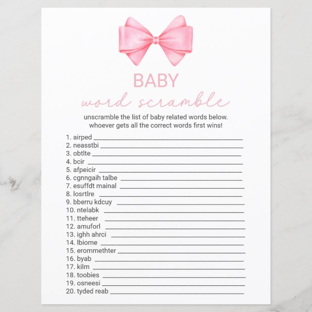 Double Sided Pink Bow Baby Shower Game Card (Front)