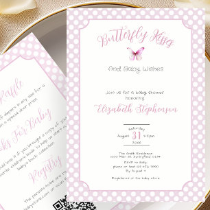 Double Sided Pink Butterfly Kisses Baby Wishes  Invitation